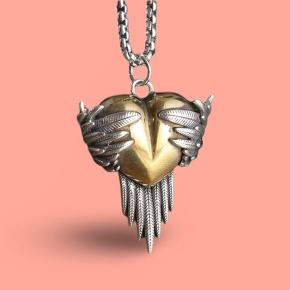 Heart and Wings Two Tone Heavy Pendant and Necklace #1430 - Picture 1 of 5
